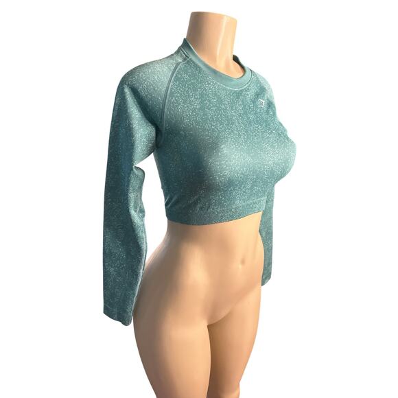 Women M Gymshark Seamless Green Cropped Long Sleeve Crewneck Tee Shirt Top - Picture 1 of 6
